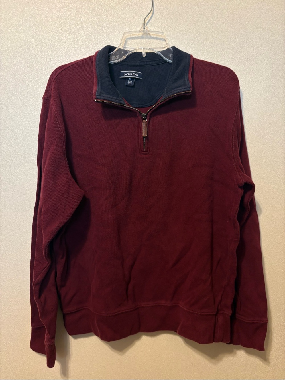 Lands' End Men's Wine Red Quarter-Zip Sweater with Dark Contrast Collar